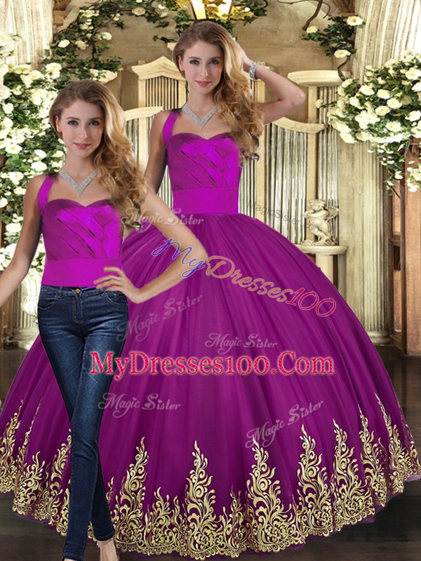 Fuchsia Sleeveless Embroidery Floor Length Quinceanera Gown