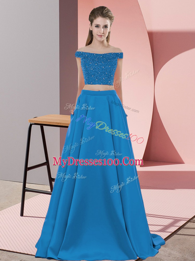 Popular Blue Off The Shoulder Neckline Beading Homecoming Party Dress Sleeveless Backless