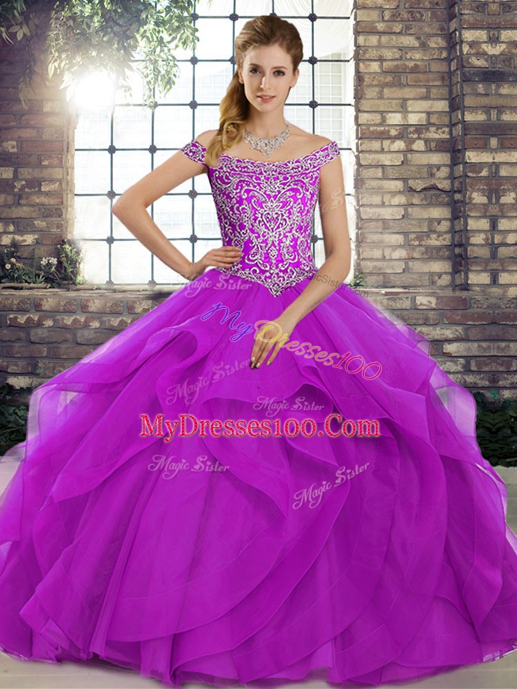 Comfortable Off The Shoulder Sleeveless Tulle Quince Ball Gowns Beading and Ruffles Brush Train Lace Up