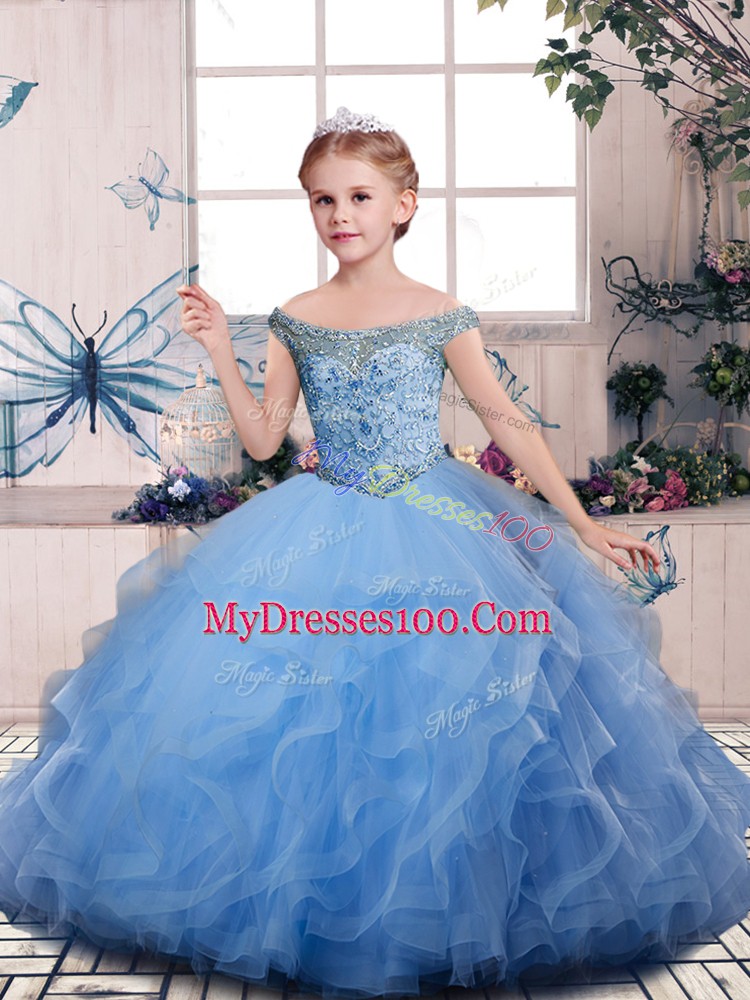 Tulle Sleeveless Floor Length Pageant Dress Womens and Beading and Ruffles