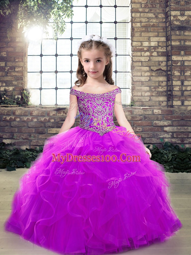 Customized Purple Ball Gowns Tulle Off The Shoulder Sleeveless Beading and Ruffles Floor Length Lace Up Child Pageant Dress