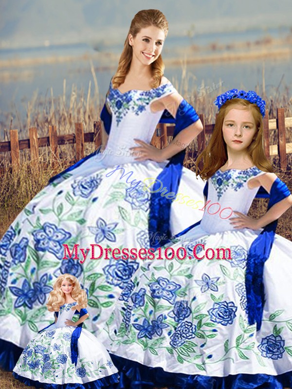 Luxurious Blue And White Lace Up Vestidos de Quinceanera Embroidery and Ruffles Sleeveless Floor Length