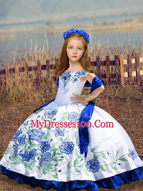 Luxurious Blue And White Lace Up Vestidos de Quinceanera Embroidery and Ruffles Sleeveless Floor Length