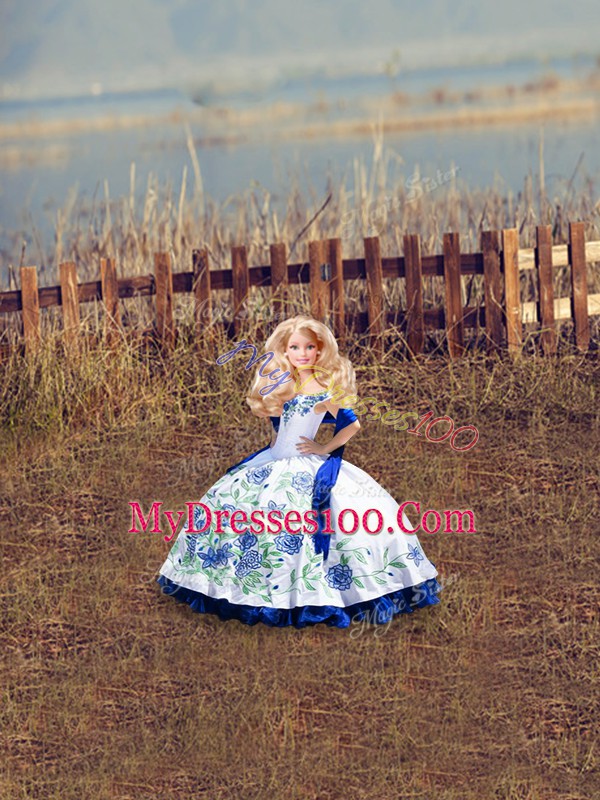Luxurious Blue And White Lace Up Vestidos de Quinceanera Embroidery and Ruffles Sleeveless Floor Length
