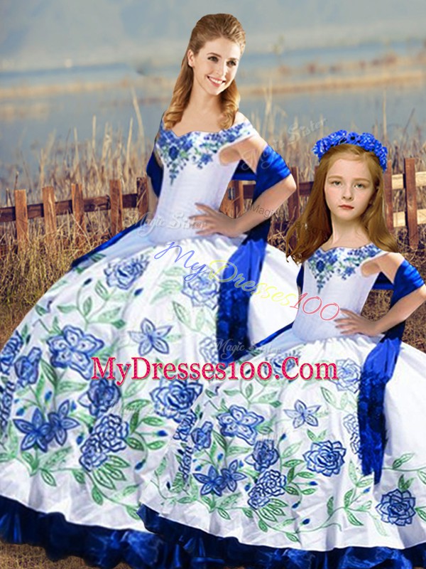 Luxurious Blue And White Lace Up Vestidos de Quinceanera Embroidery and Ruffles Sleeveless Floor Length