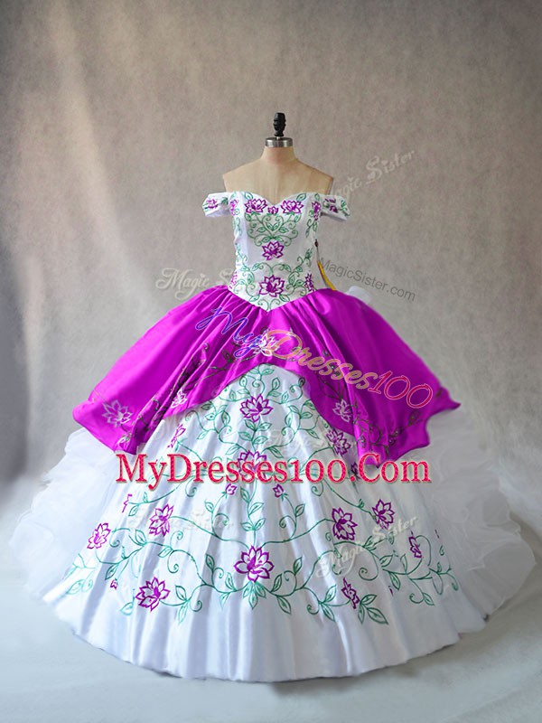 Custom Design Floor Length White And Purple Quinceanera Gown Off The Shoulder Sleeveless Lace Up
