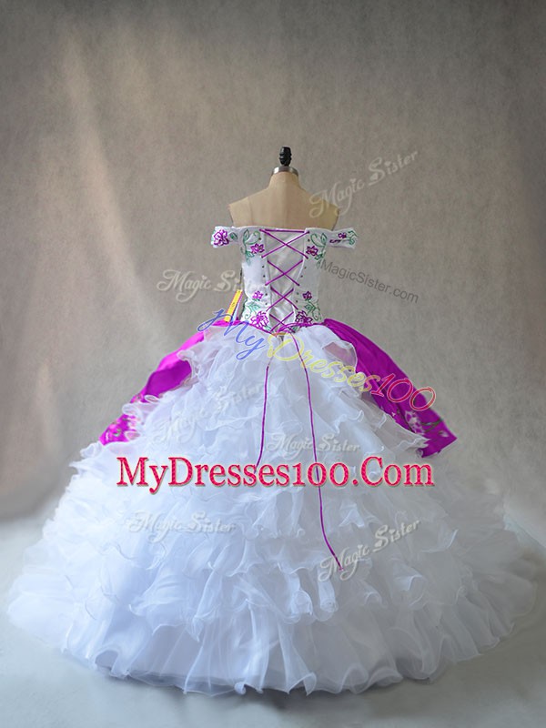 Custom Design Floor Length White And Purple Quinceanera Gown Off The Shoulder Sleeveless Lace Up