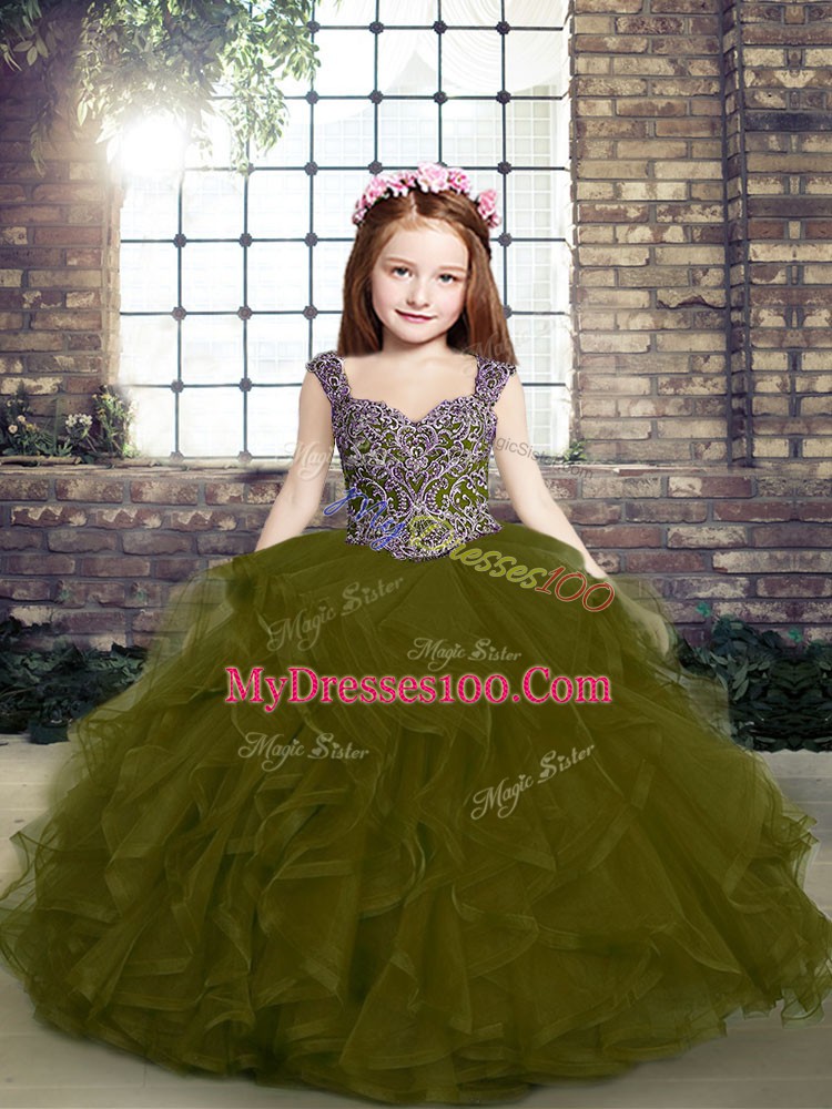 Olive Green Kids Pageant Dress Party and Military Ball and Wedding Party with Beading and Ruffles Straps Sleeveless Lace Up