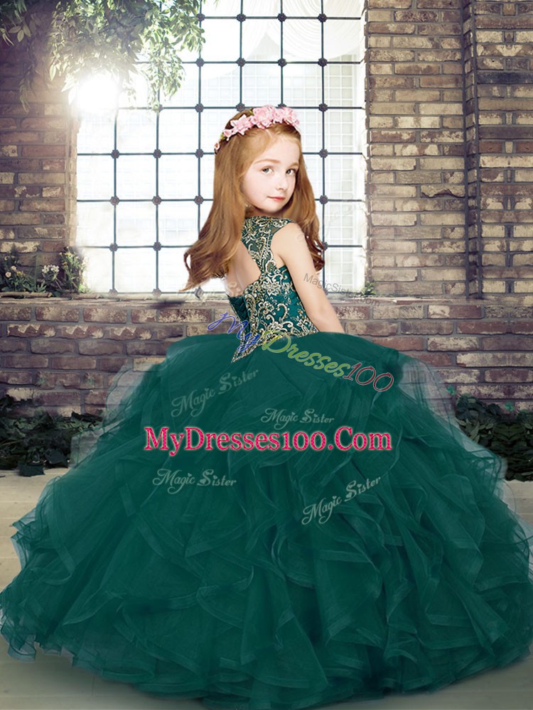 Olive Green Kids Pageant Dress Party and Military Ball and Wedding Party with Beading and Ruffles Straps Sleeveless Lace Up
