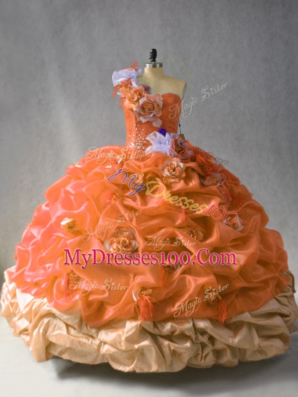 Sweet Rust Red Ball Gowns Organza One Shoulder Sleeveless Beading and Pick Ups and Hand Made Flower Floor Length Lace Up Quinceanera Gowns