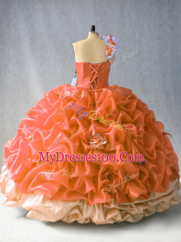 Sweet Rust Red Ball Gowns Organza One Shoulder Sleeveless Beading and Pick Ups and Hand Made Flower Floor Length Lace Up Quinceanera Gowns