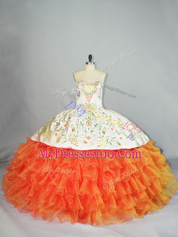 Elegant Floor Length Lace Up Sweet 16 Dress Orange for Sweet 16 and Quinceanera with Embroidery and Ruffles