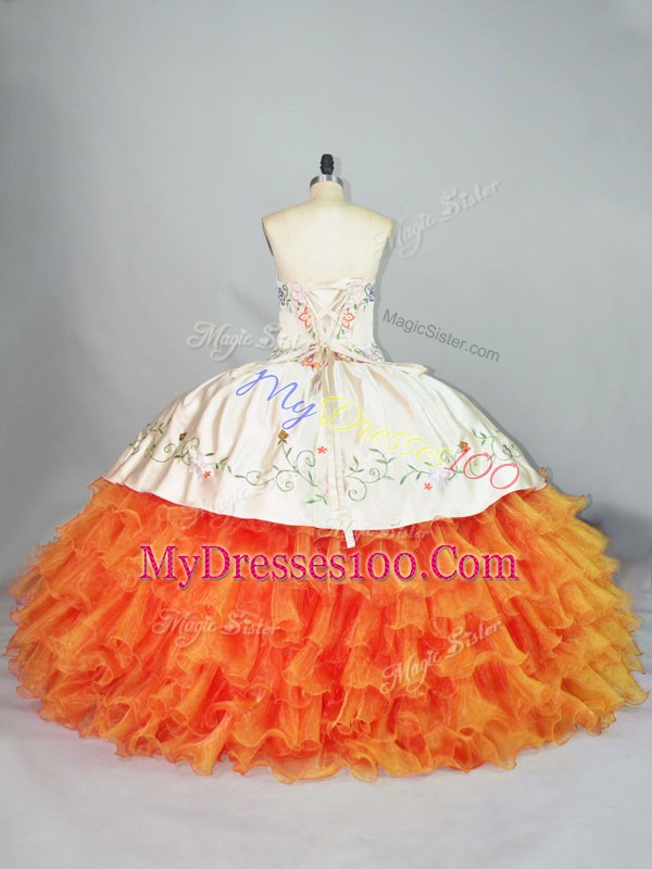Elegant Floor Length Lace Up Sweet 16 Dress Orange for Sweet 16 and Quinceanera with Embroidery and Ruffles
