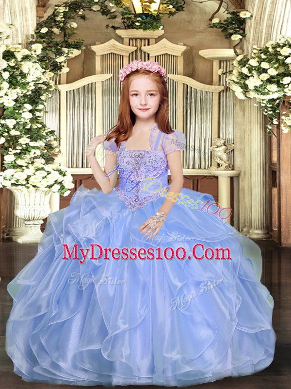 Blue Ball Gowns Straps Sleeveless Organza Floor Length Lace Up Beading Little Girls Pageant Dress Wholesale