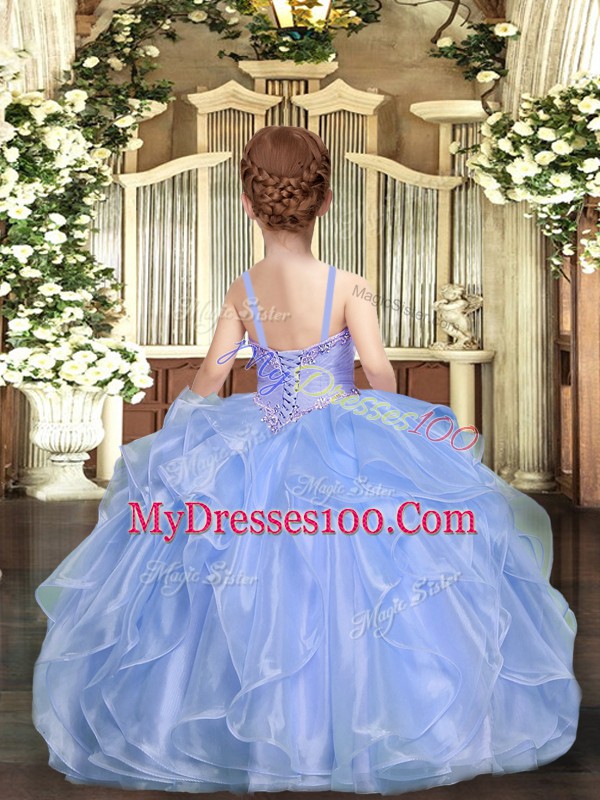 Blue Ball Gowns Straps Sleeveless Organza Floor Length Lace Up Beading Little Girls Pageant Dress Wholesale