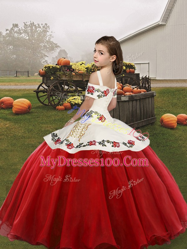 Custom Designed Floor Length Royal Blue Girls Pageant Dresses Organza Sleeveless Embroidery