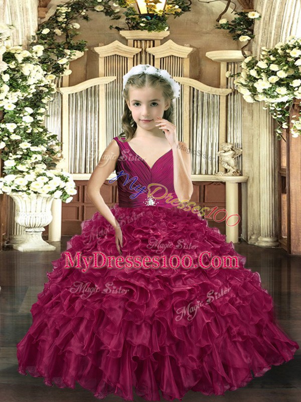 Inexpensive Floor Length Ball Gowns Sleeveless Burgundy Pageant Gowns For Girls Backless