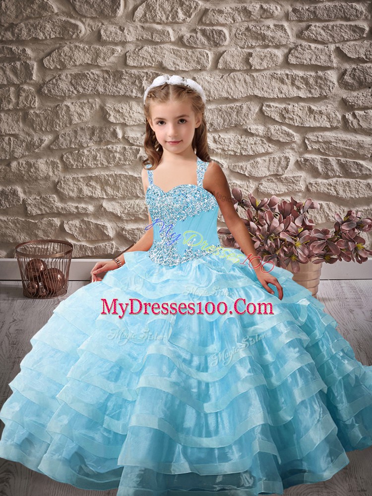 Baby Blue Sleeveless Organza Lace Up Girls Pageant Dresses for Party and Sweet 16 and Wedding Party