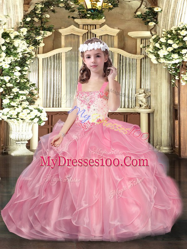 High End Beading and Ruffles Little Girl Pageant Gowns Pink Lace Up Sleeveless Floor Length