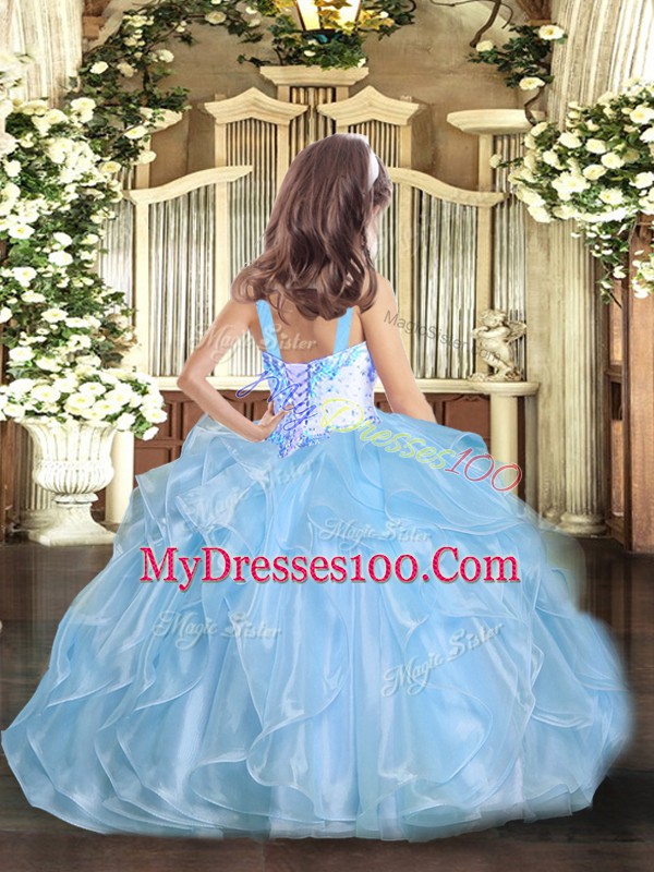 High End Beading and Ruffles Little Girl Pageant Gowns Pink Lace Up Sleeveless Floor Length