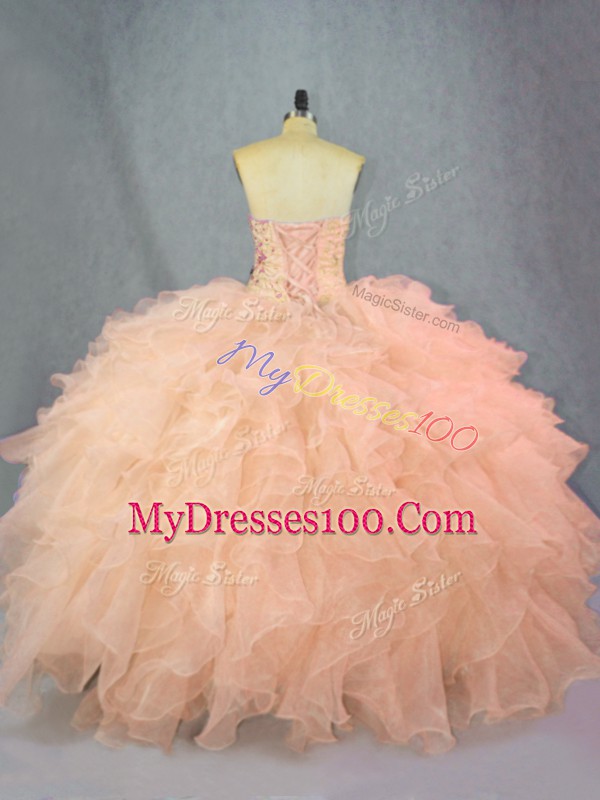 Peach Organza Lace Up Sweetheart Sleeveless Floor Length Quinceanera Gown Beading and Ruffles