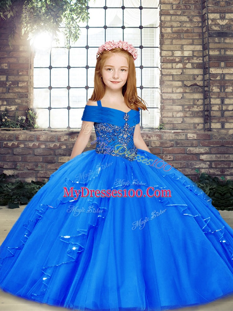 Sleeveless Floor Length Beading Lace Up Little Girls Pageant Dress with Blue