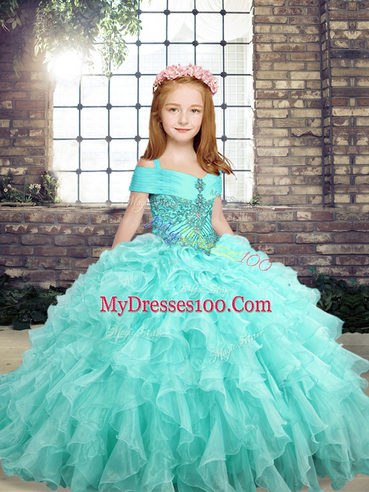 Organza Straps Sleeveless Lace Up Beading and Ruffles Little Girls Pageant Gowns in Aqua Blue
