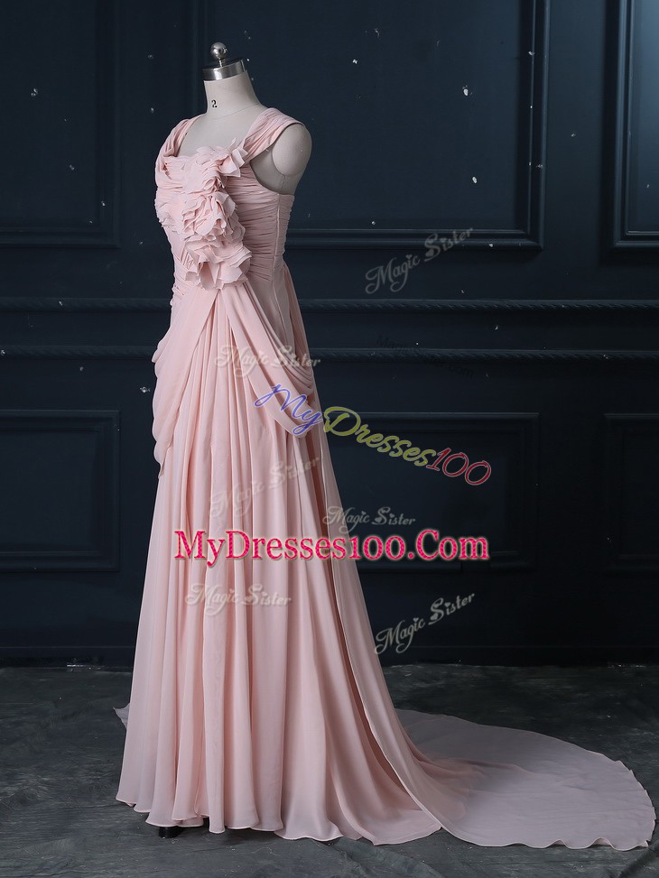 Pretty Brush Train Column/Sheath Homecoming Dress Pink Straps Chiffon Sleeveless Zipper