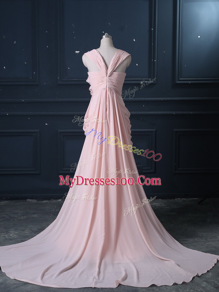 Pretty Brush Train Column/Sheath Homecoming Dress Pink Straps Chiffon Sleeveless Zipper