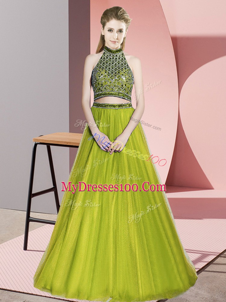 Olive Green Prom Party Dress Prom and Party and Military Ball with Beading Halter Top Sleeveless Backless