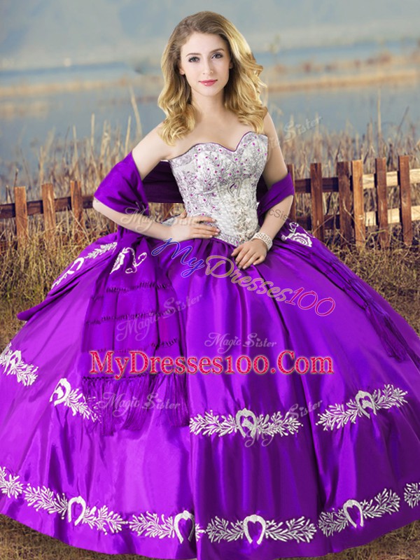 Vintage Purple Ball Gowns Beading and Embroidery Quinceanera Dress Lace Up Satin Sleeveless Floor Length