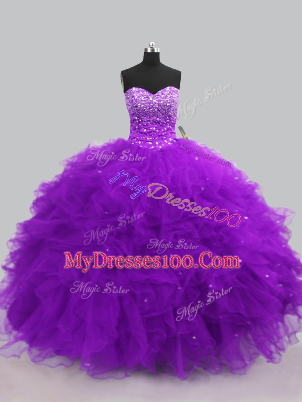 Purple Ball Gowns Sweetheart Sleeveless Tulle Floor Length Lace Up Beading and Ruffles 15th Birthday Dress