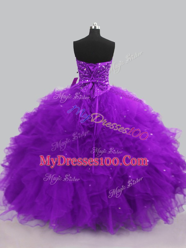Purple Ball Gowns Sweetheart Sleeveless Tulle Floor Length Lace Up Beading and Ruffles 15th Birthday Dress