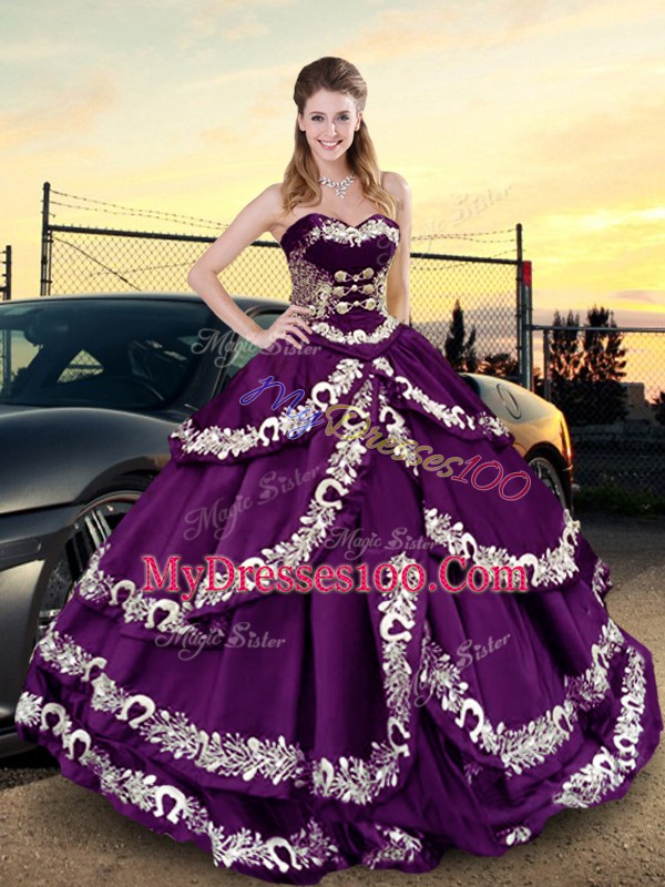 Glamorous Satin Sweetheart Sleeveless Lace Up Embroidery and Ruffled Layers Quinceanera Gowns in Purple