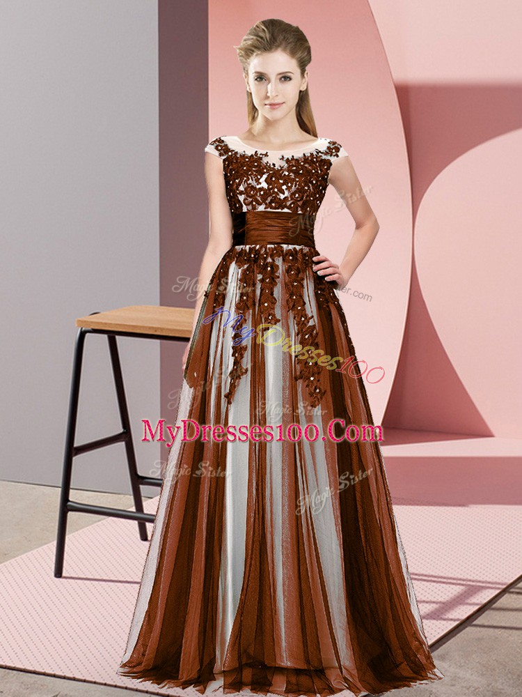 Luxury Beading and Lace Bridesmaids Dress Brown Zipper Sleeveless Floor Length