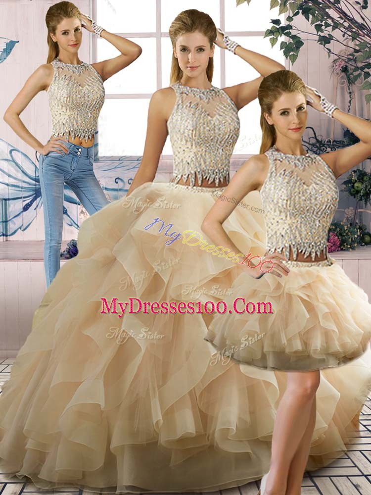Popular Champagne Zipper Scoop Beading and Ruffles Ball Gown Prom Dress Tulle Sleeveless