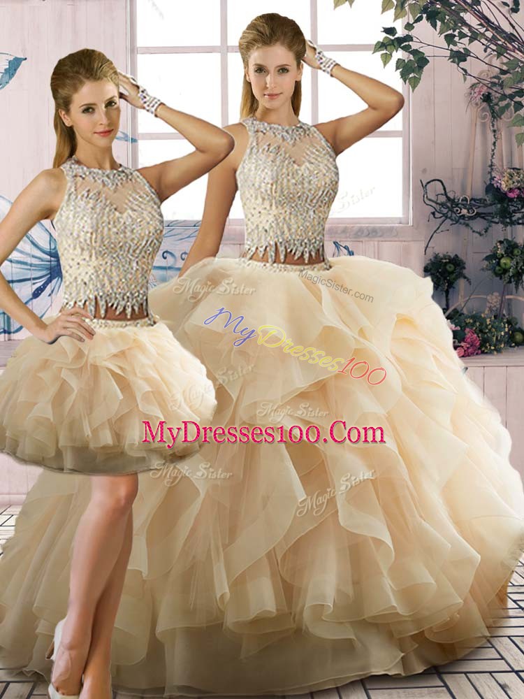Popular Champagne Zipper Scoop Beading and Ruffles Ball Gown Prom Dress Tulle Sleeveless