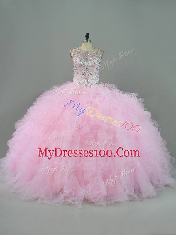 Amazing Baby Pink Ball Gowns Beading and Ruffles Sweet 16 Quinceanera Dress Lace Up Tulle Sleeveless Floor Length