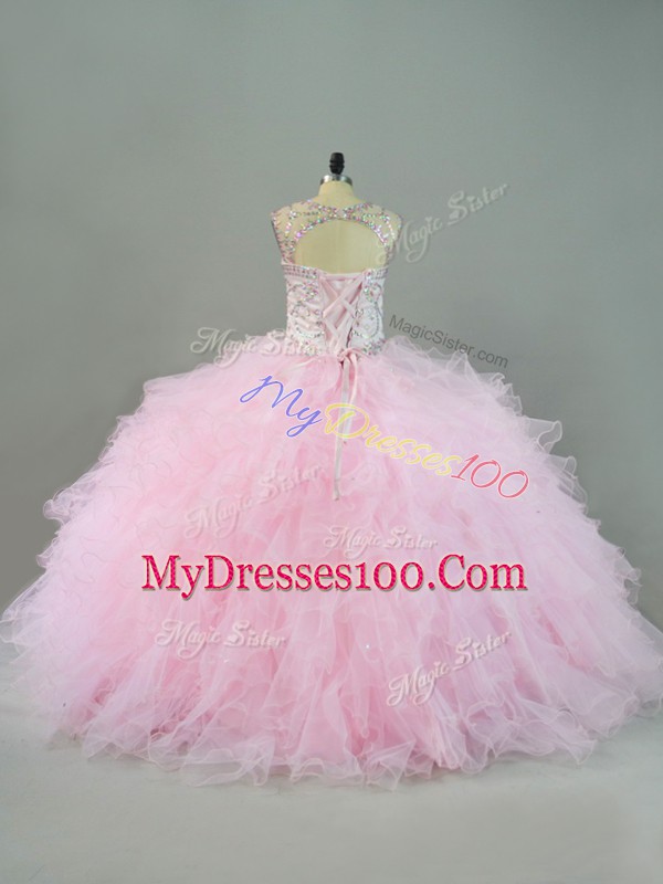 Amazing Baby Pink Ball Gowns Beading and Ruffles Sweet 16 Quinceanera Dress Lace Up Tulle Sleeveless Floor Length