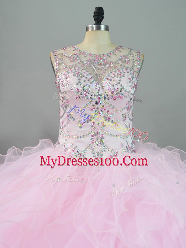 Amazing Baby Pink Ball Gowns Beading and Ruffles Sweet 16 Quinceanera Dress Lace Up Tulle Sleeveless Floor Length