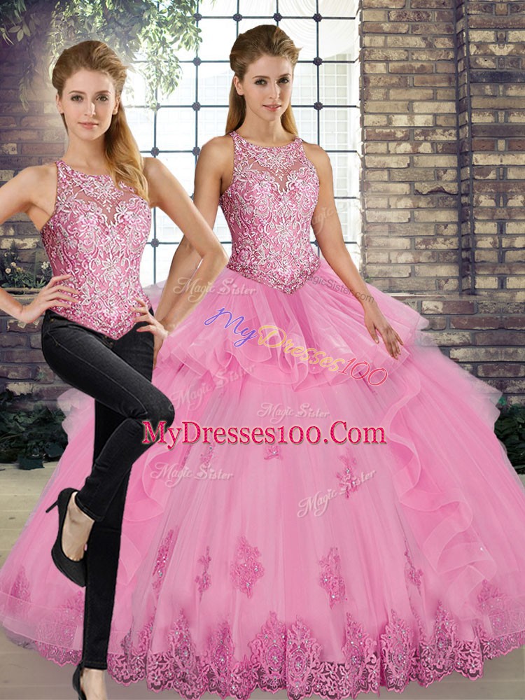 Trendy Rose Pink Two Pieces Tulle Scoop Sleeveless Lace and Embroidery and Ruffles Floor Length Lace Up 15 Quinceanera Dress