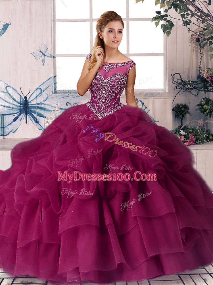 Gorgeous Brush Train Ball Gowns Quinceanera Dress Fuchsia Scoop Organza Sleeveless Zipper