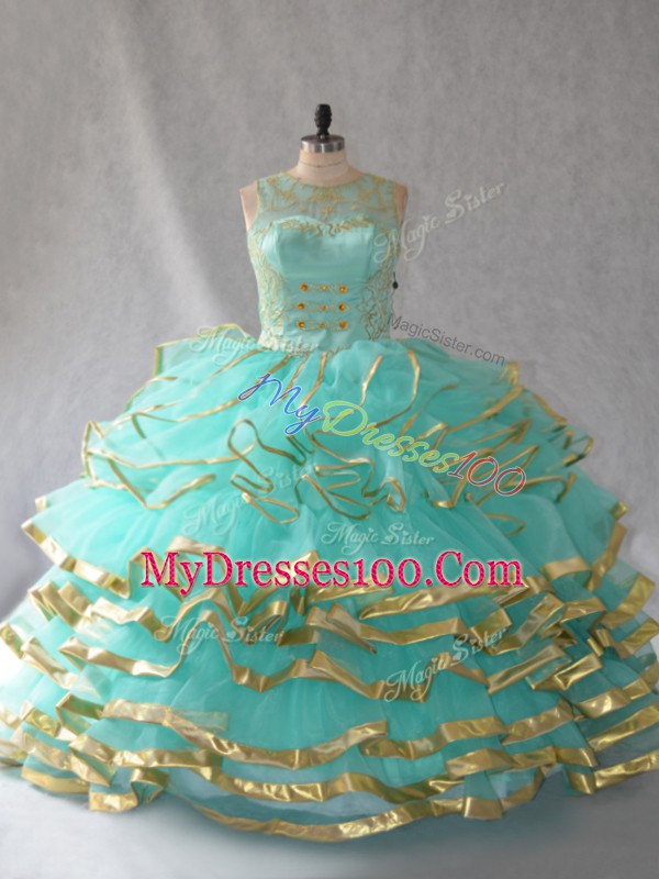 Custom Design Scoop Sleeveless Lace Up Quince Ball Gowns Aqua Blue Organza