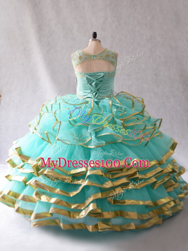 Custom Design Scoop Sleeveless Lace Up Quince Ball Gowns Aqua Blue Organza