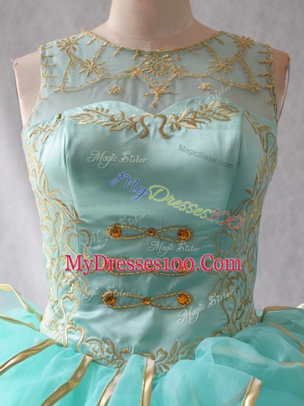Custom Design Scoop Sleeveless Lace Up Quince Ball Gowns Aqua Blue Organza