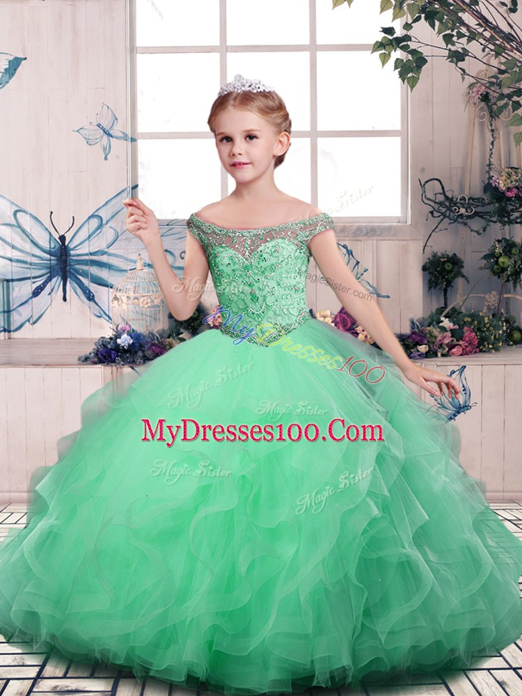 Cute Apple Green Tulle Lace Up Girls Pageant Dresses Sleeveless Floor Length Beading and Ruffles