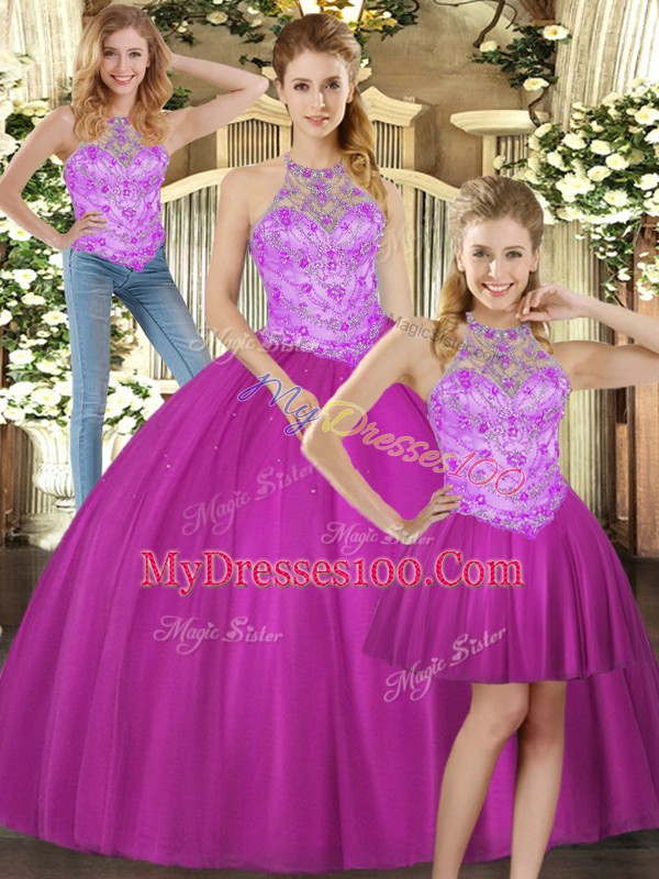 Beading 15th Birthday Dress Fuchsia Lace Up Sleeveless Floor Length