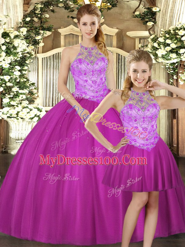 Beading 15th Birthday Dress Fuchsia Lace Up Sleeveless Floor Length