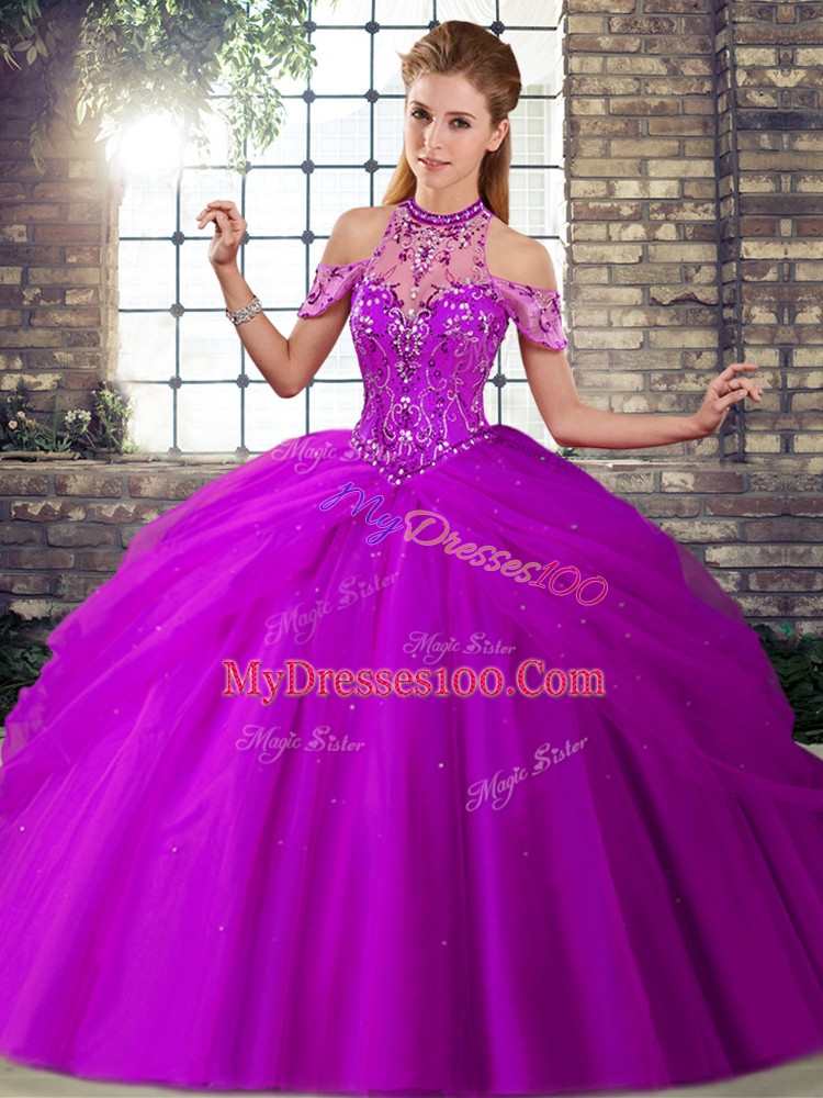 Glorious Purple Halter Top Neckline Beading and Pick Ups Quinceanera Gowns Sleeveless Lace Up