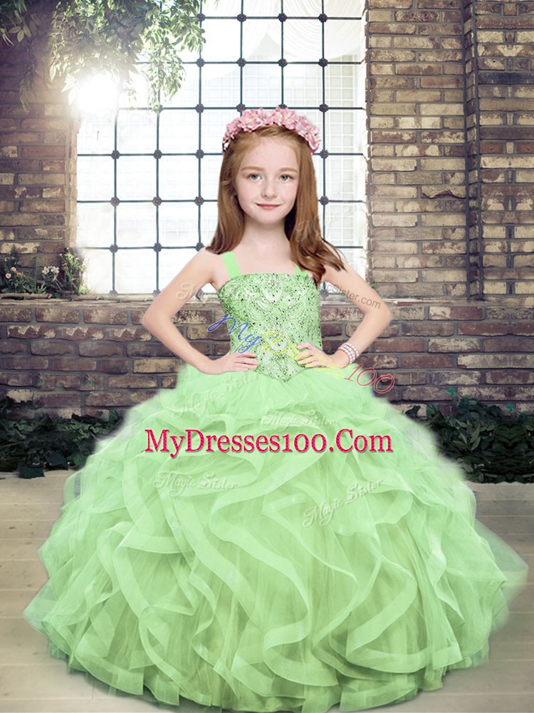 Wonderful Yellow Green Ball Gowns Tulle Straps Sleeveless Beading and Ruffles Floor Length Lace Up Girls Pageant Dresses